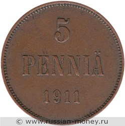 Монета 5 пенни (penniä) 1911 года 5 пенни. Реверс