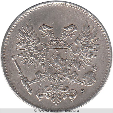 Монета 50 пенни (penniä) 1917 года 50 пенни  (S, орёл без корон). Аверс