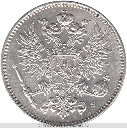 Монета 50 пенни (penniä) 1917 года 50 пенни  (S, орёл с коронами). Аверс