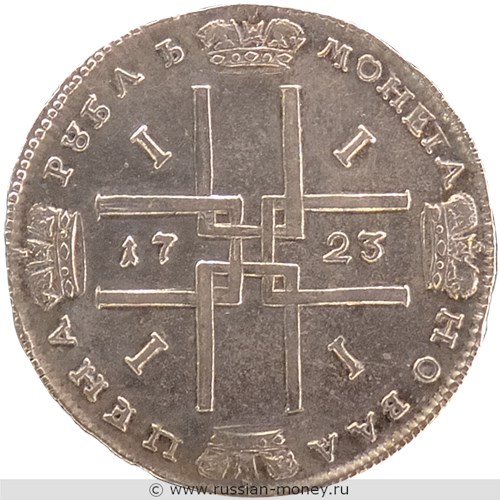 Монета Рубль 1723 года (в античных доспехах). Стоимость, разновидности, цена по каталогу. Реверс