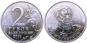 2 рубля 2012 Н.Н. Раевский. Полководцы и герои Отечественной войны 1812 года