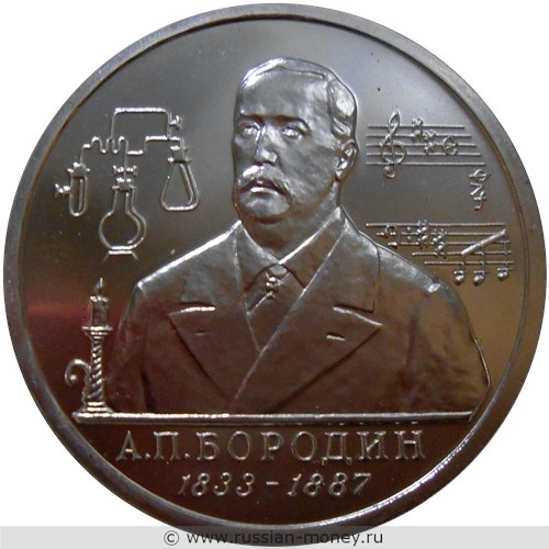 Монета 1 рубль 1993 года Бородин А.П., 160 лет со дня рождения. Стоимость, разновидности, цена по каталогу. Реверс