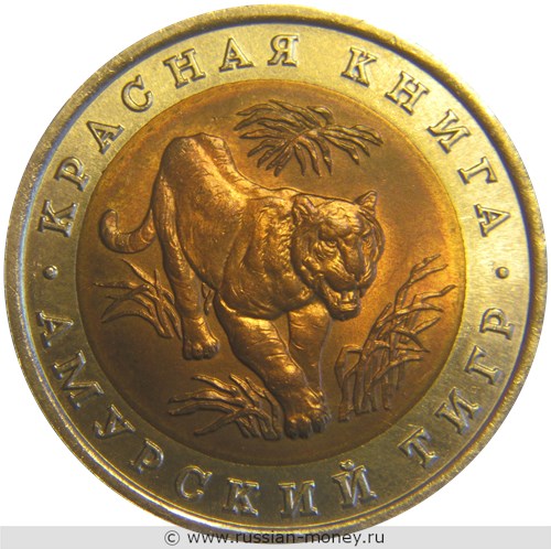 Монета 10 рублей 1992 года Красная книга. Амурский тигр. Стоимость. Реверс