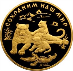 Монета 10000 рублей 1996 года Сохраним наш мир. Амурский тигр. Стоимость. Аверс