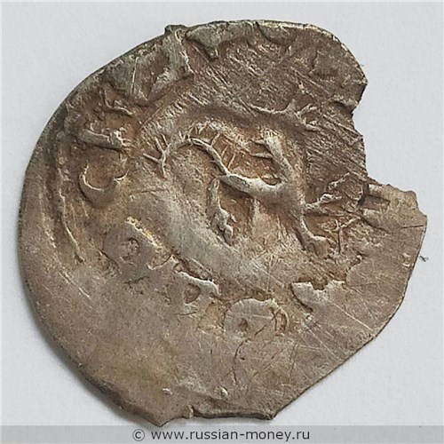 Монета Денга (князь Довмонт и буква Ъ, на обороте барс вправо и буква Л). Реверс