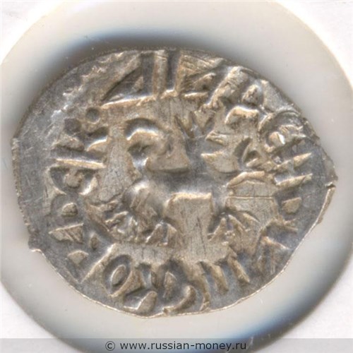 Монета Денга (князь Довмонт, справа нет буквы, на обороте барс вправо). Реверс