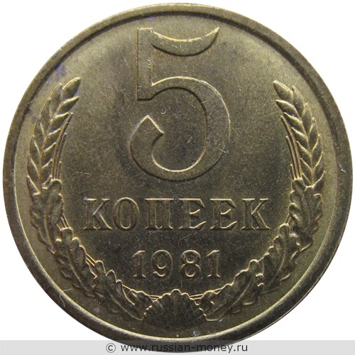 Монета 5 копеек 1981 года. Стоимость, разновидности, цена по каталогу. Реверс