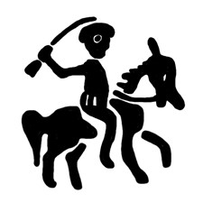 Денга мечевая (вес полушки). Меч изогнутый, рука приподнята, лошадь меньше, надпись 3 типа