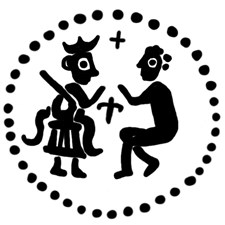 Денга (князь на троне с мечом, справа стоящий человек, между ними крест, надпись разделена). Цветок между фигурами, крестик наверху