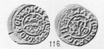 Денга (всадник с соколом вправо, на обороте Самсон, кольцевые надписи с двух сторон). Вариант надписей 3