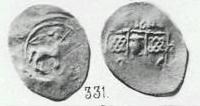 Денга (всадник в плаще с мечом, круговая надпись, на обороте арабская надпись). В центре арабской надписи голова влево, вокруг фигурная рамка, перед всадником нет точек