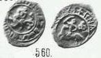 Денга (Самсон, на обороте всадник с саблей влево, кольцевые надписи с именами двух князей). Под всадником нет точек