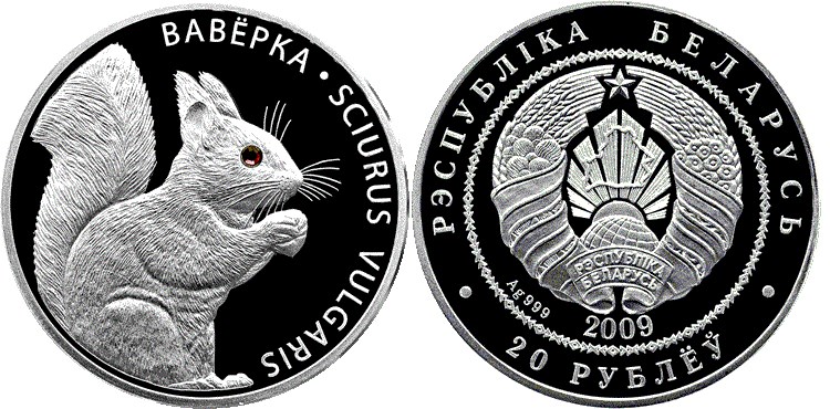 20 рублей 2009 года Белка. Разновидности, подробное описание