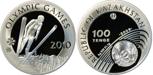 100 тенге 2009 года Олимпийские игры 2010 г. Прыжки с трамплина. Разновидности, подробное описание