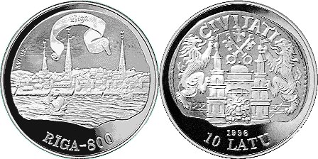 10 латов 1996 года 800 лет Риге. XVI век. Разновидности, подробное описание