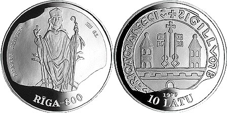 10 латов 1995 года 800 лет Риге. XIII век. Разновидности, подробное описание