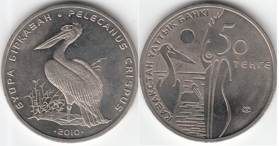 50 тенге 2010 года Кудрявый пеликан. Разновидности, подробное описание