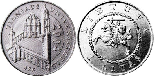 1 лит 2004 года 425 лет Вильнюсскому университету. Разновидности, подробное описание