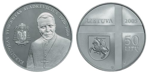 50 литов 2005 года Кардинал Винцентас Сладкявичюс. Разновидности, подробное описание