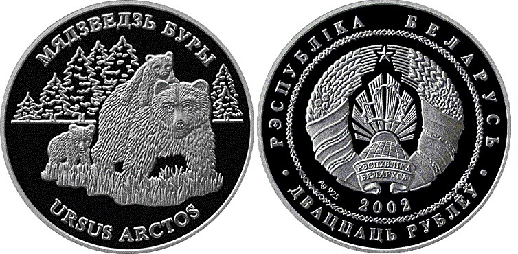 20 рублей 2002 года Бурый медведь. Разновидности, подробное описание
