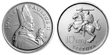 10 литов 1993 года Визит папы римского Иоанна Павла II в Литву. Разновидности, подробное описание