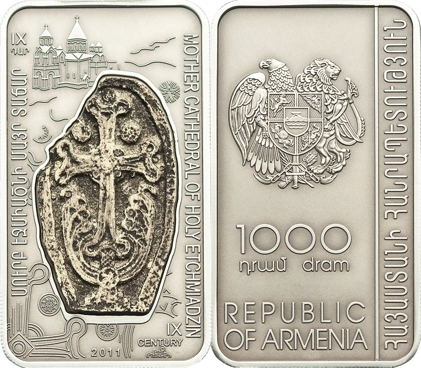 1000 драмов 2011 года Хачкары. Эчмиадзин. Разновидности, подробное описание