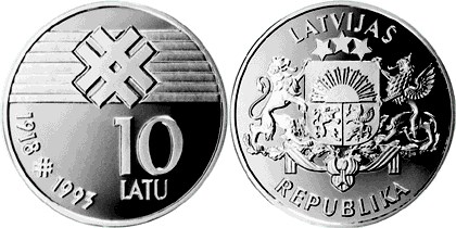 10 латов 1993 года 75 лет государственности. Разновидности, подробное описание