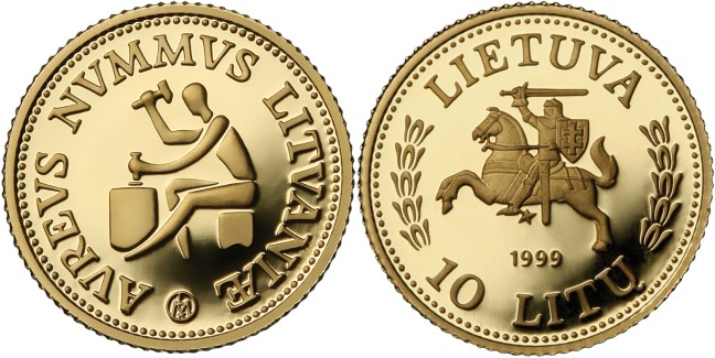 10 литов 1999 года История золота. Золотые монеты Литвы. Разновидности, подробное описание