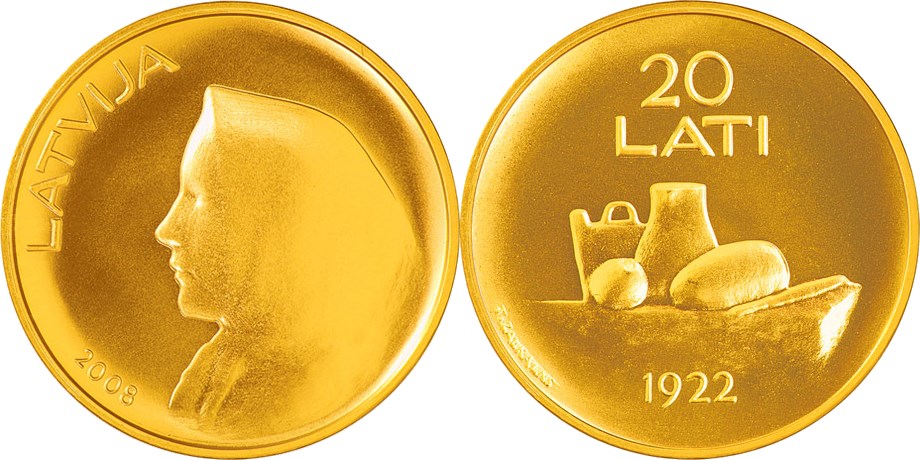 20 латов 2008 года Монета Латвии. Разновидности, подробное описание