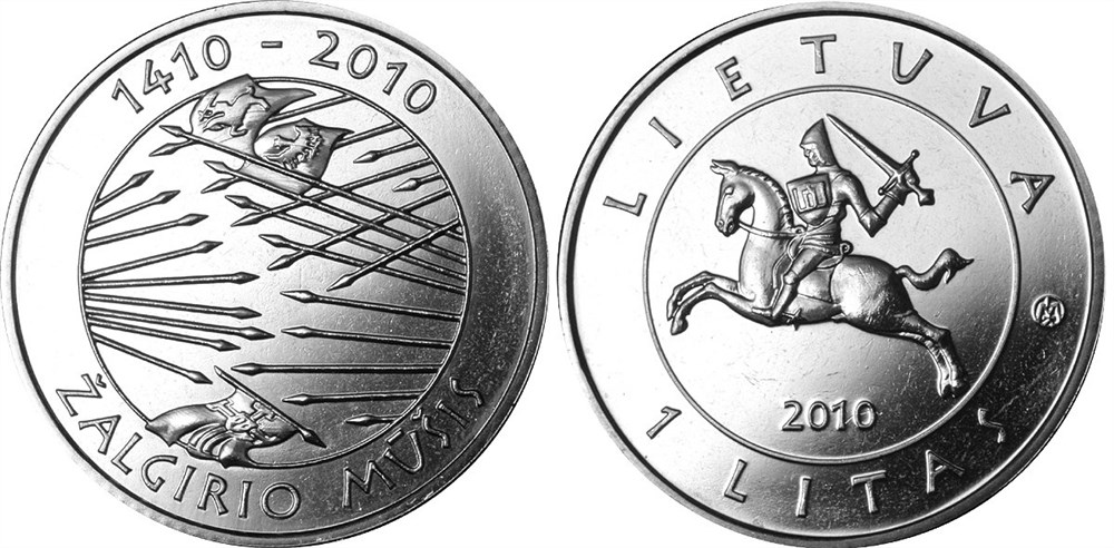 1 лит 2010 года 600 лет Грюнвальдской битве. Разновидности, подробное описание