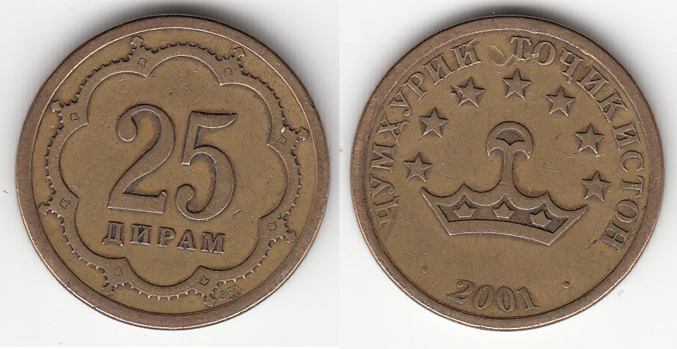25 дирамов 2001 года. Разновидности, подробное описание