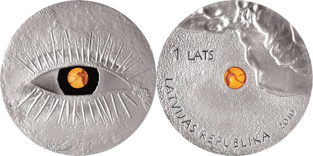1 лат 2010 года Янтарная монета. Разновидности, подробное описание