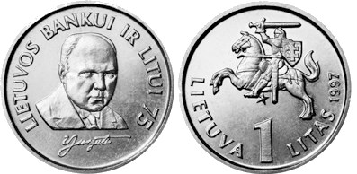 1 лит 1997 года 75 лет Банку Литвы и литу. Разновидности, подробное описание