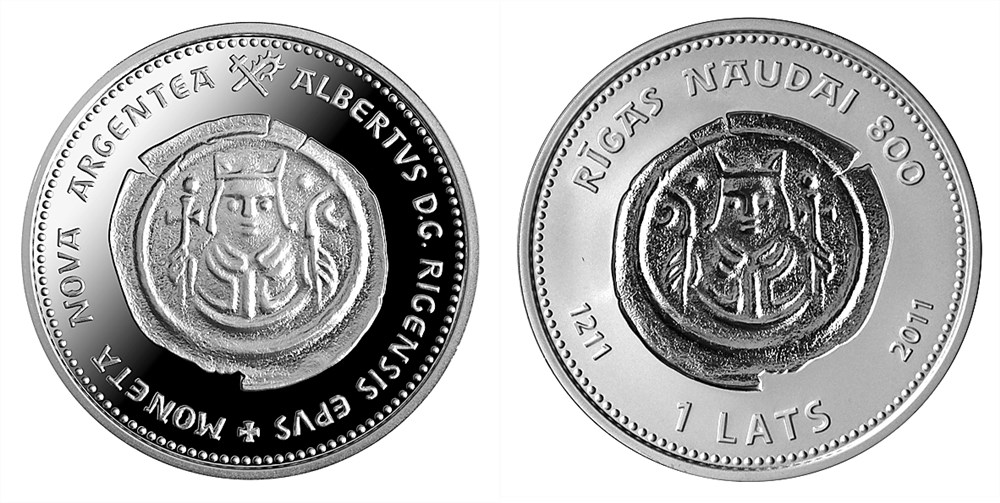 1 лат 2011 года 800 лет первым рижским монетам. Разновидности, подробное описание