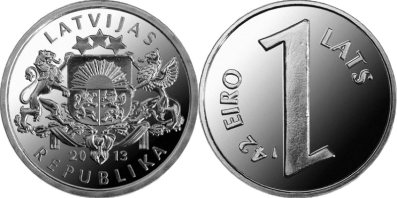 Монета Паритета 2013 года (1 лат - 1,42 евро). Разновидности, подробное описание