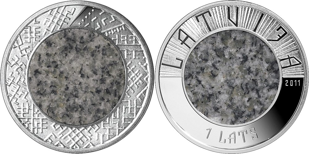 1 лат 2012 года Каменная монета. Разновидности, подробное описание