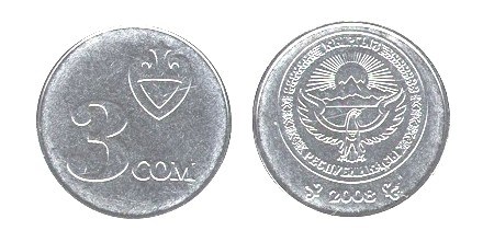 3 сома 2008 года. Разновидности, подробное описание