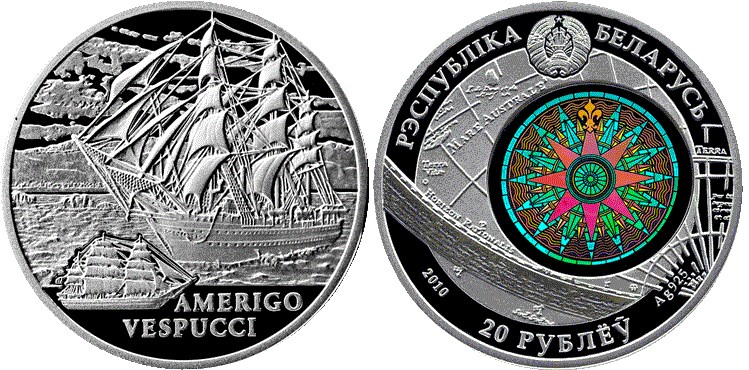 20 рублей 2010 года Америго Веспуччи. Разновидности, подробное описание