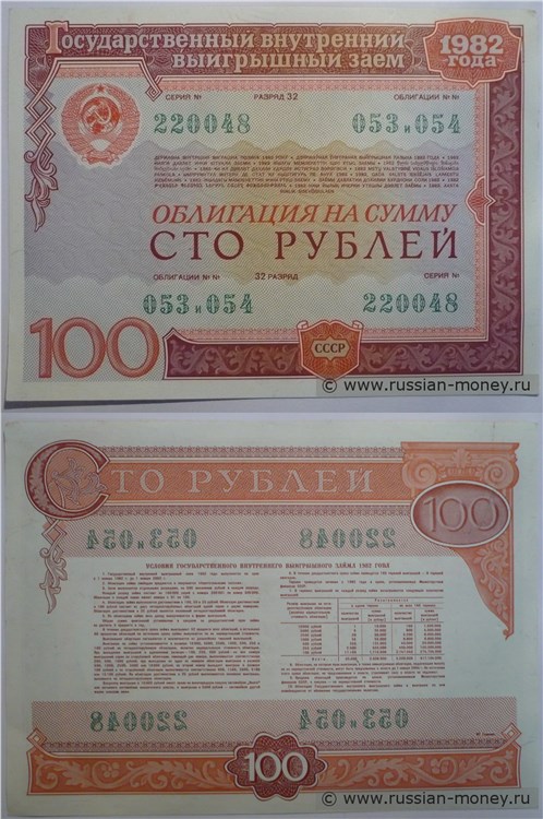 Банкнота 100 рублей. Внутренний выигрышный заём 1982