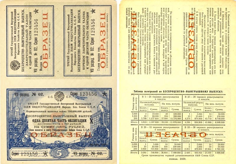 Банкнота 5 рублей. Третий выигрышный заём индустриализации народного хозяйства Союза ССР 1929
