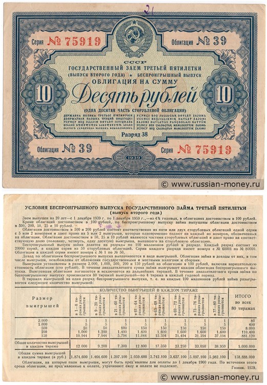 Банкнота 10 рублей. Заём третьей пятилетки 1939