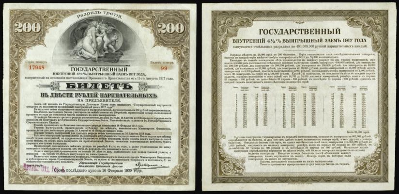Банкнота 200 рублей. Билет выигрышного займа. Разряд третий 1917