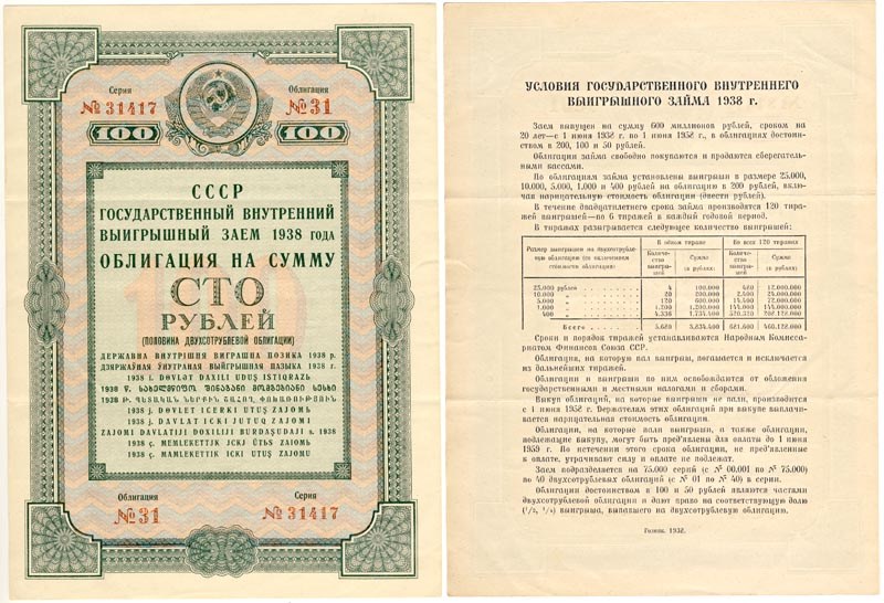Банкнота 100 рублей. Внутренний выигрышный заём 1938