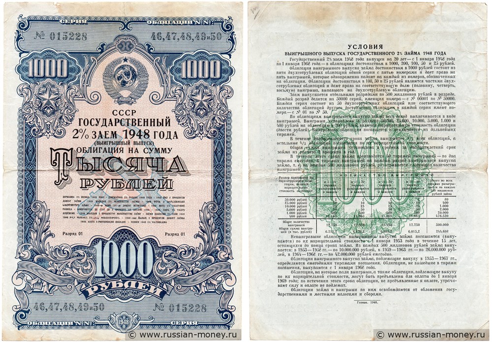Банкнота 1000 рублей. Государственный 2% заём 1948