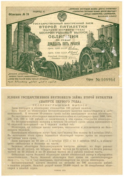 Банкнота 25 рублей. Внутренний заём второй пятилетки 1933