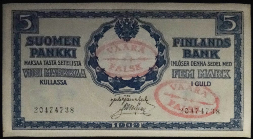 Банкнота 5 марок золотом. Финляндский банк 1909