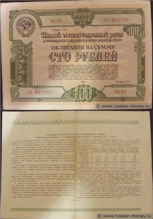 Банкнота 100 рублей. Пятый заём восстановления и развития народного хозяйства 1950