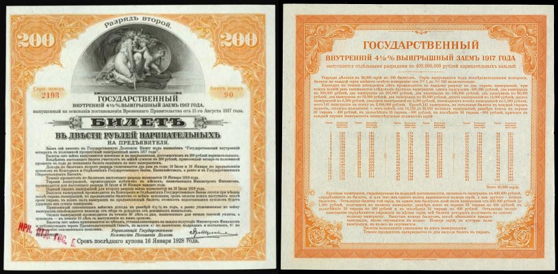 Банкнота 200 рублей. Билет выигрышного займа. Разряд второй 1917