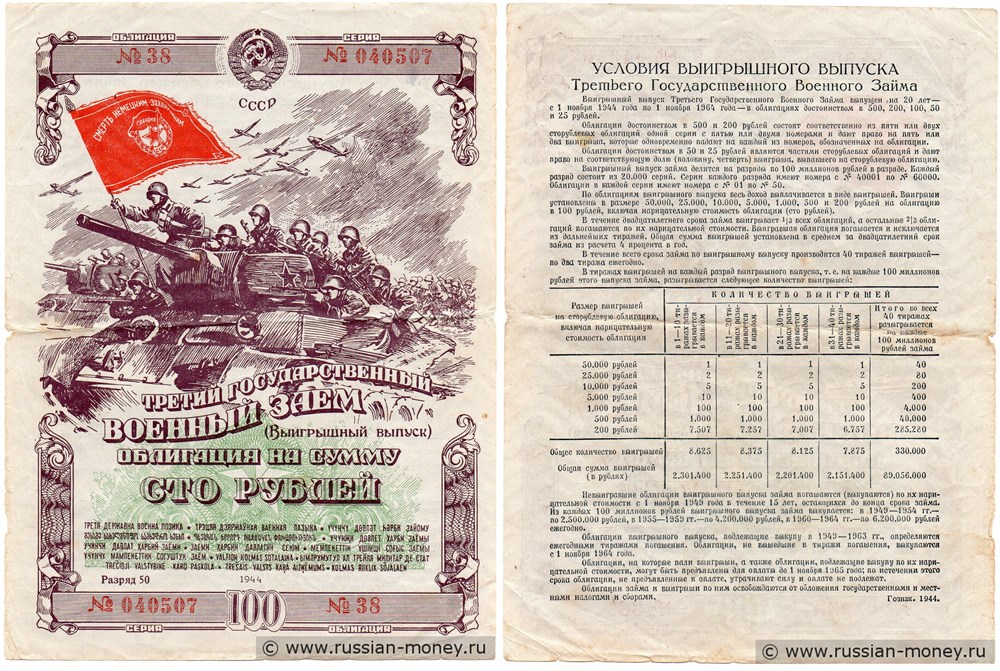 Банкнота 100 рублей. Третий военный заём 1944