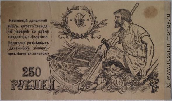 Банкнота 250 рублей. Разменный знак Государственного казначейства КОЧГ 1920. Реверс